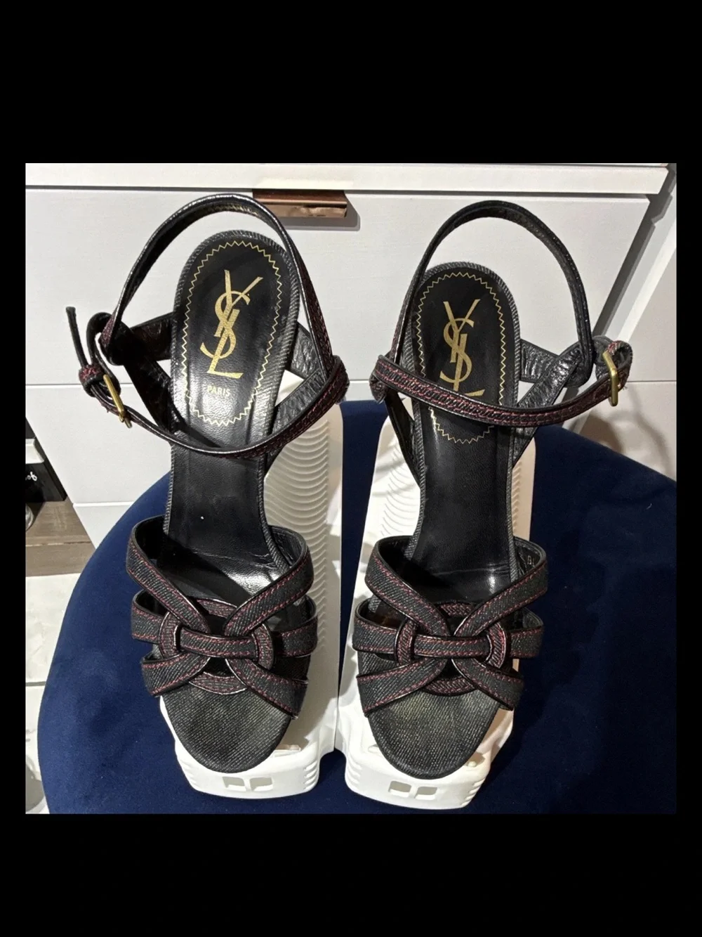 Saint Laurent Tribute Black Denim Ankle-Strap Platform Sandals